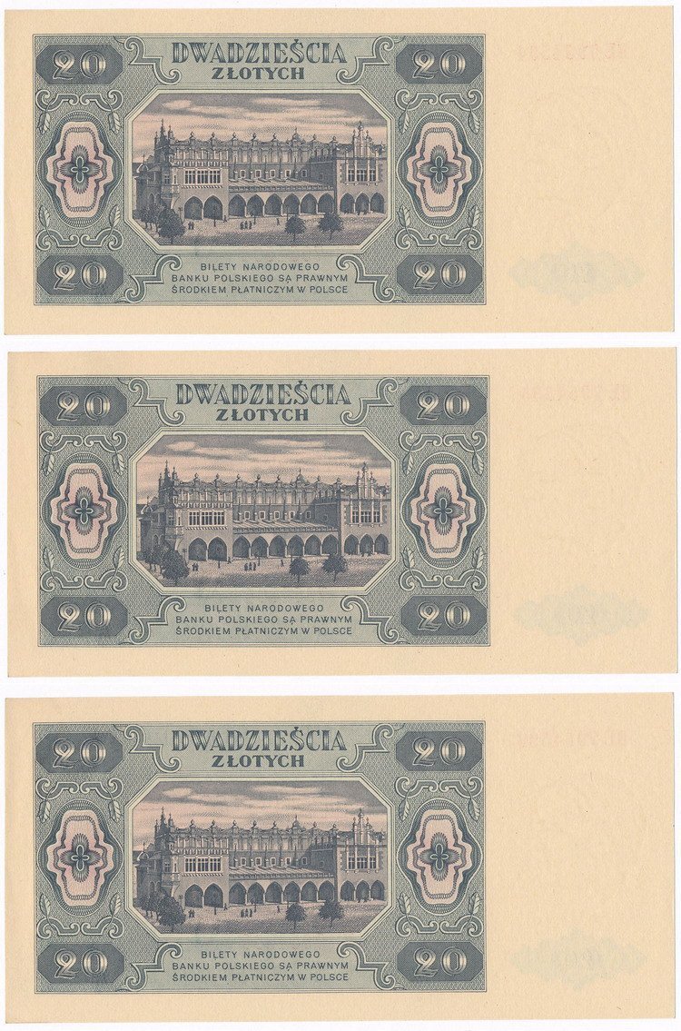 Banknoty. 20 złotych 1948 seria BE lot 3 sztuk